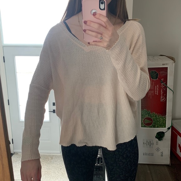 Lulu’s Oversized Waffle Long Sleeve Shirt Light Pink Size Small - Picture 2 of 5